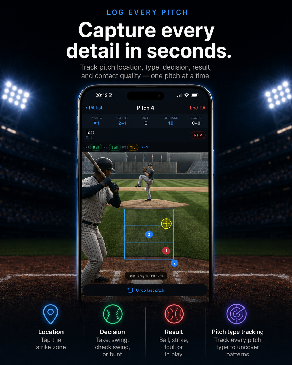 Batter's Eye Q pitch-by-pitch logging interface